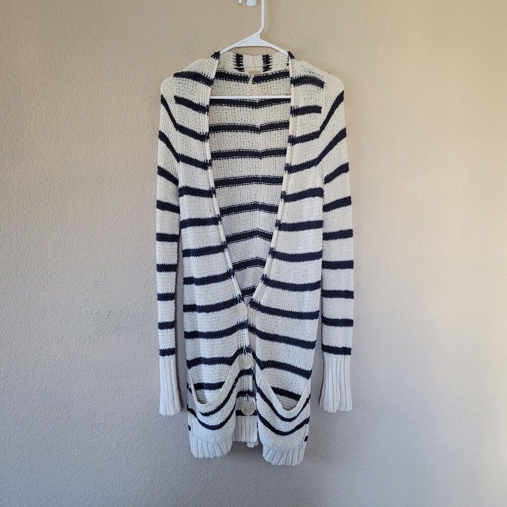 Free People FB Beach Long Duster Striped Cardigan Sweater Navy Cream XS Coastal